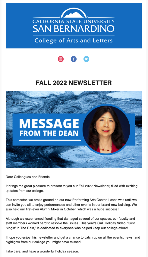 Front page of Fall 2022 Newsletter with a message from the Dean