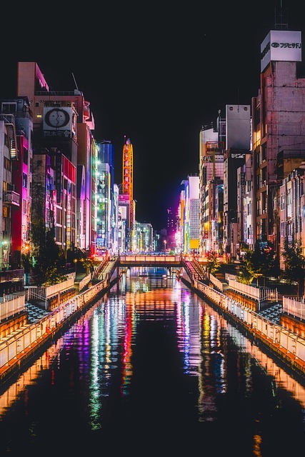 Illuminated signs along canal in Osaka, Japan