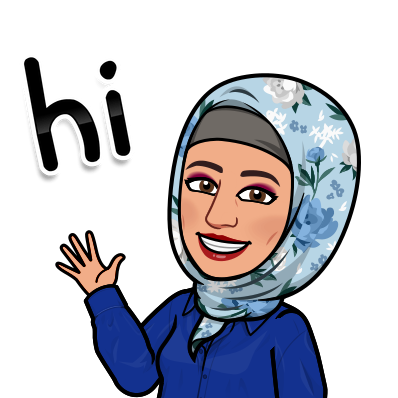 Animated image of a woman of color in a blue shirt and floral hijab waving hi.