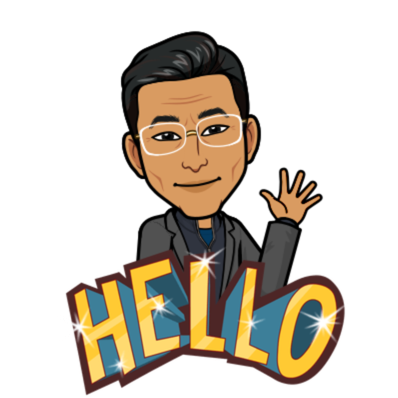 Animated image of an Asian man with black hair in a dark blazer above the word hello. 